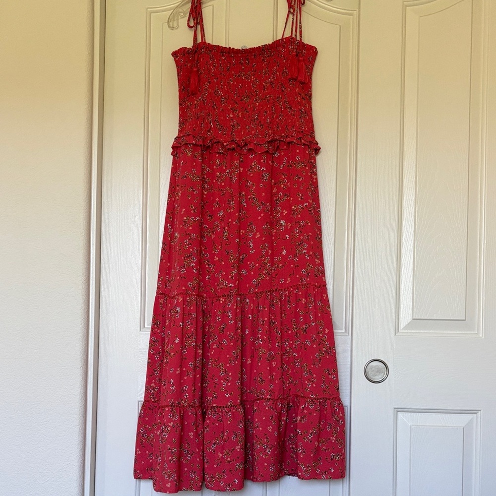 Lost + Wander Red Floral Smocked Maxi Dress with Tie Straps